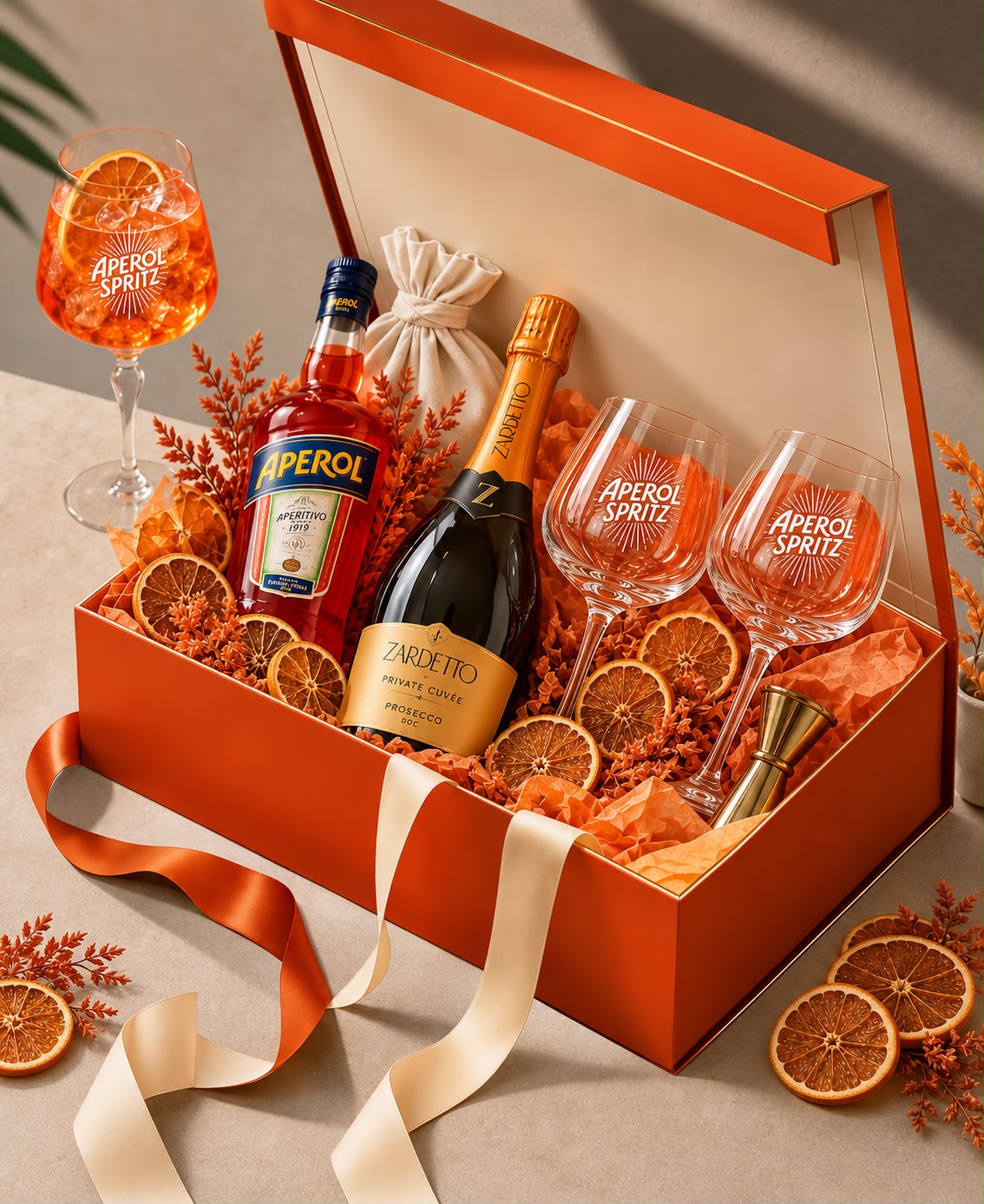 Supplied photograph of an open Aperol and Prosecco gift box