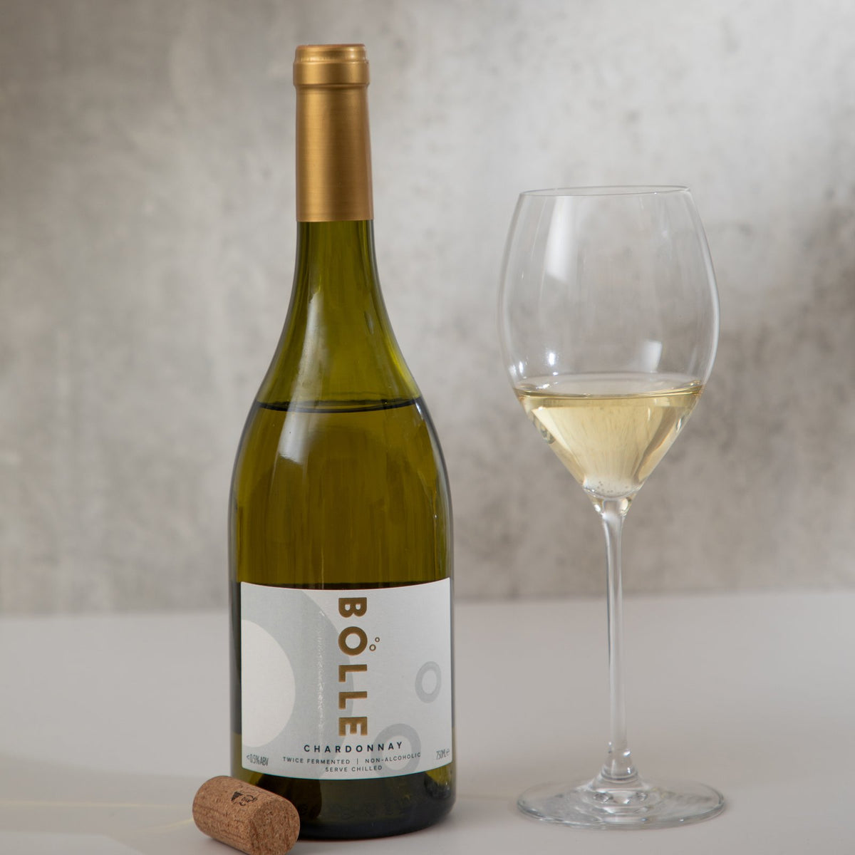 BOLLE Still White Chardonnay non-alcoholic wine 750ml bottle and glass