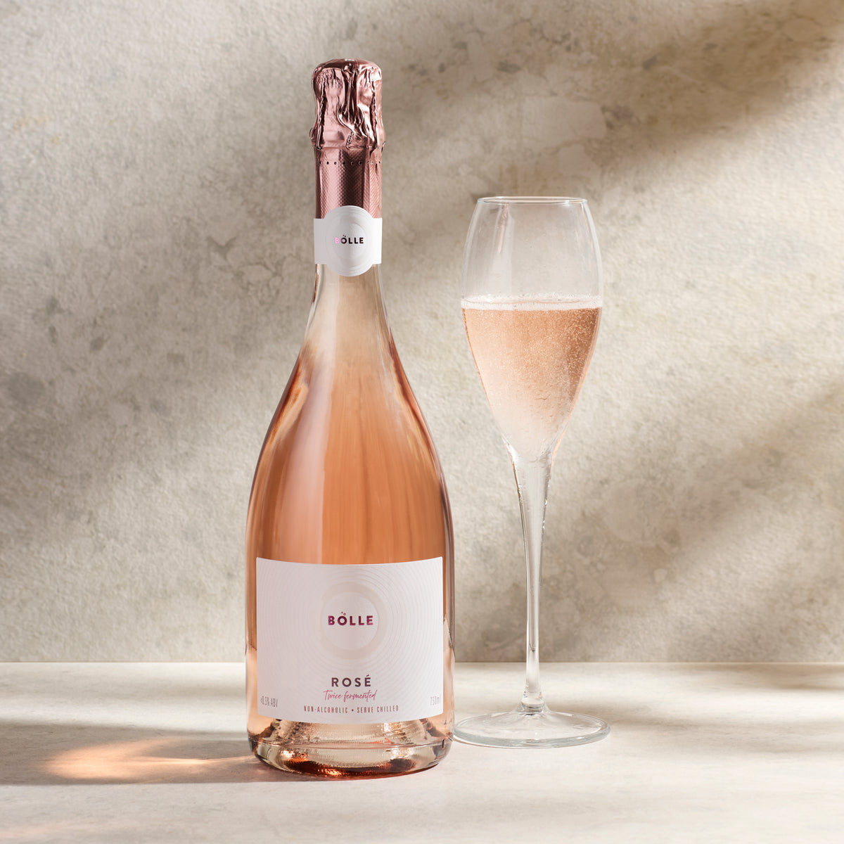BOLLE Sparkling Rosé non-alcoholic wine 750ml bottle and glass